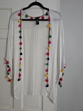 Saks Fifth Avenue White Open Kimono with Multicolor Pom Trim